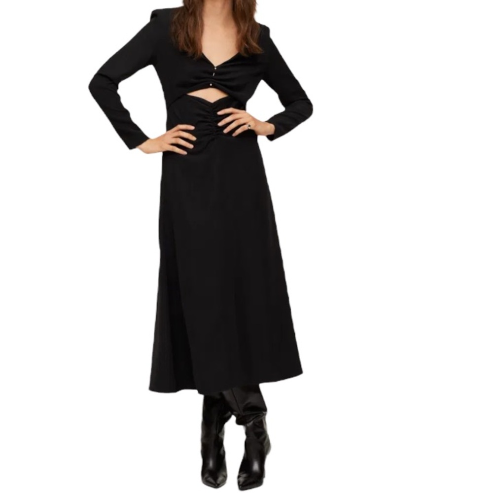 Mango Cut Out Midi Dress Black Ruched V-Neck Long Sleeve LBD Women’s Size 4
